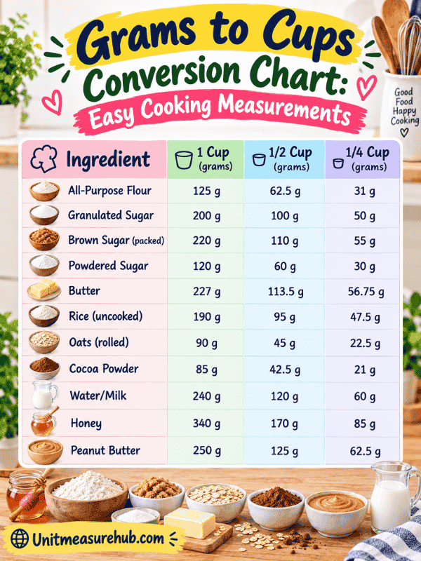 Grams to Cups Conversion Chart for Common Ingredients
